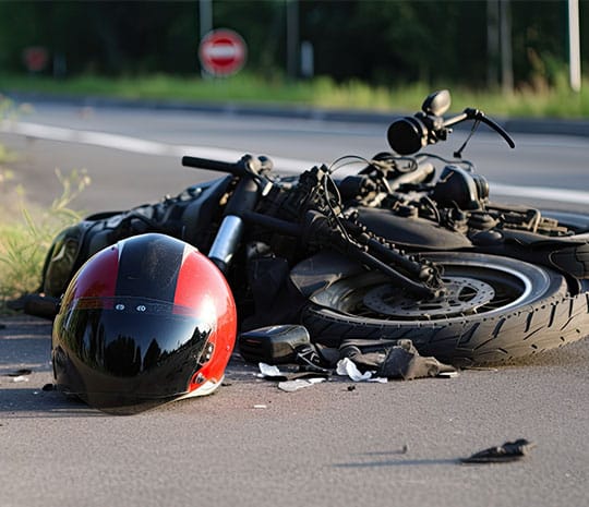 Casco de motocicleta en la carretera tras un choque, representando un reclamo por lesiones en un accidente de motocicleta.